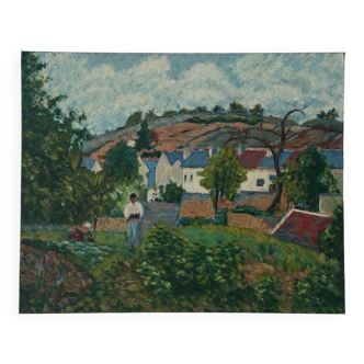 Painting on panel, countryside in spring.