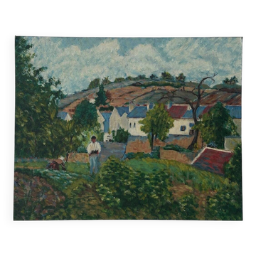 Painting on panel, countryside in spring.