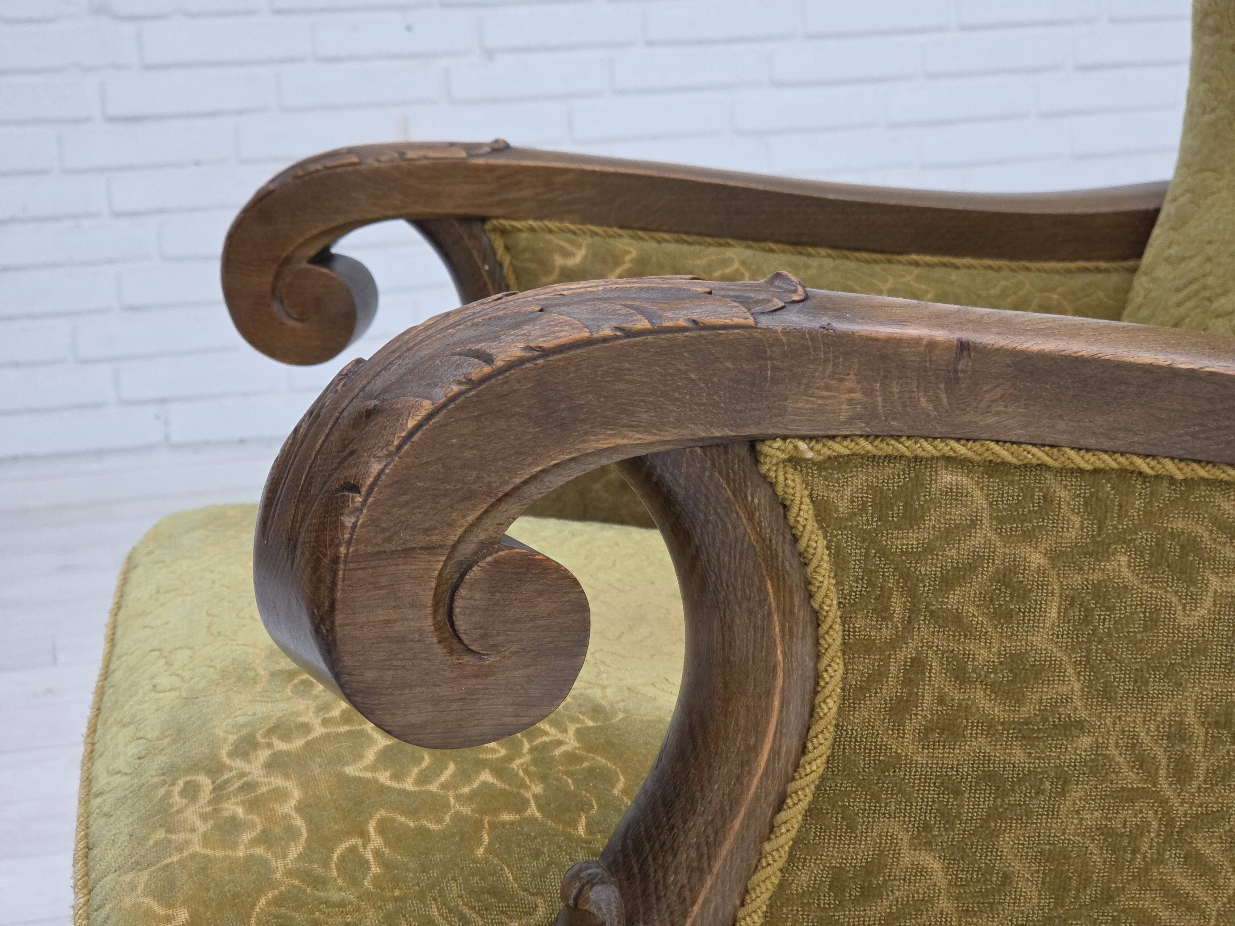 1960s, Danish armchair, furniture cotton/wool fabric, solid oak wood.