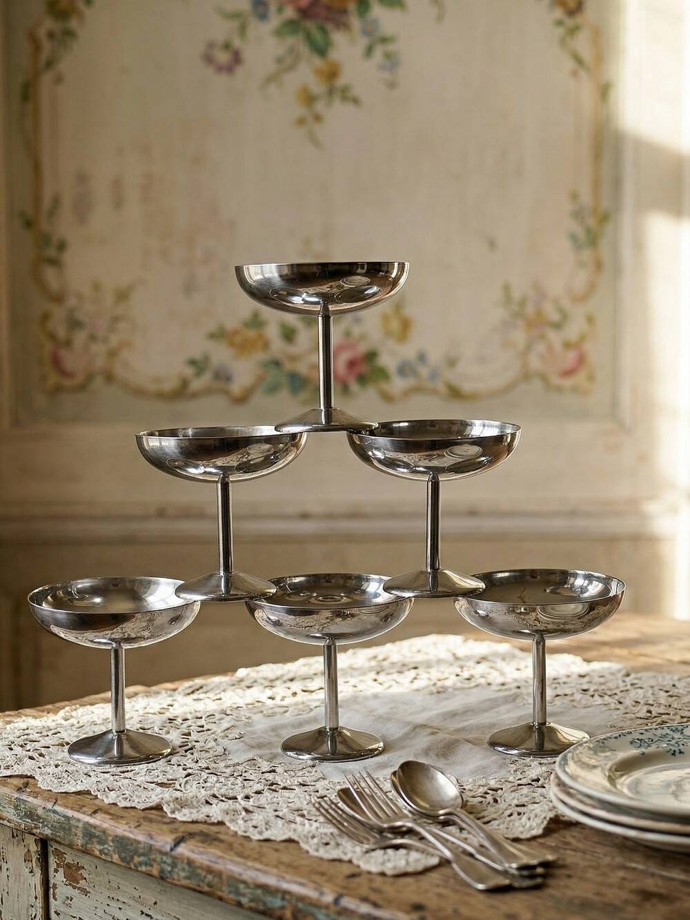 6 vintage dessert bowls on a pedestal in stainless steel in the style of Guy Degrenne.