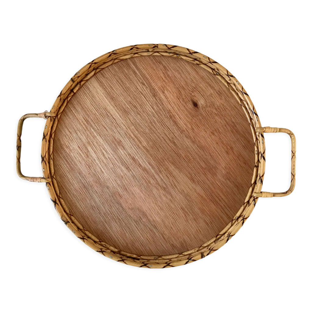 Plateau Vintage Bambou Et Nacre, Années 70, Doré, Sans Marque, Bon état