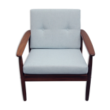 1960s teak armchair new cushions in grey-blue