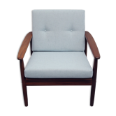 Fauteuil en teck des années 1960 nouveaux coussins en gris-bleu