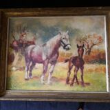 Antique oil painting depicting horses