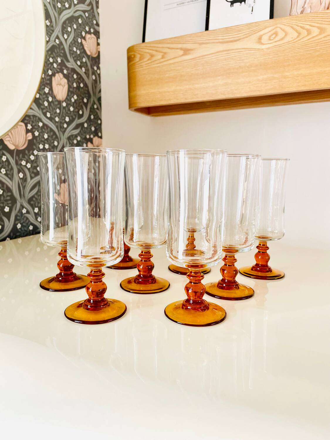 Set of 8 vintage amber glass champagne flutes