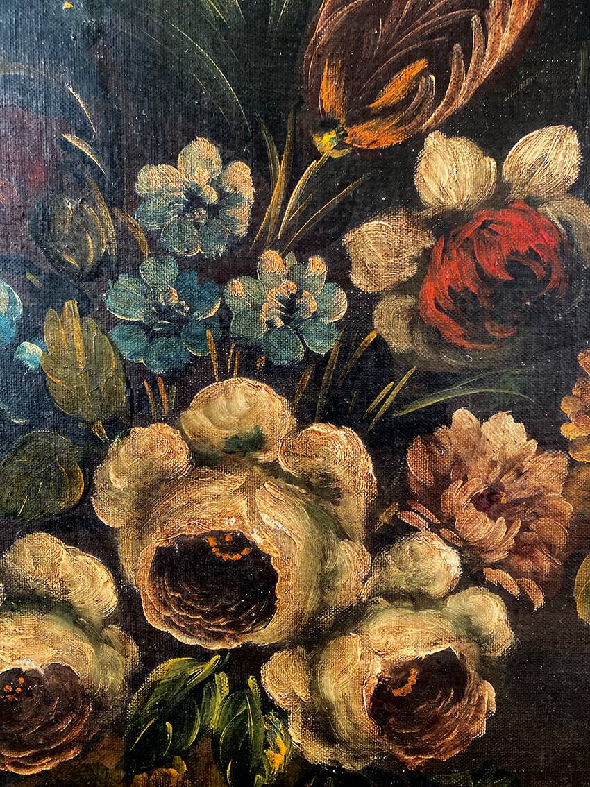 Dutch school 19th century, oil on canvas. “Bouquet of flowers on an entablature”.