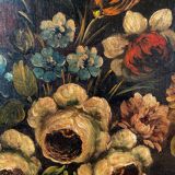 Ecole hollandaise XIXe, huile sur toile. “Bouquet de fleurs sur un entablement”.