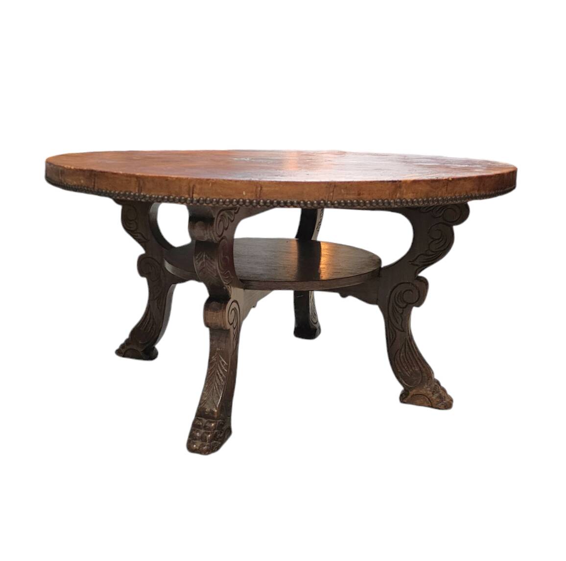 Mid-Century Coffee Table in Solid Wood and Patinated Cognac Leather