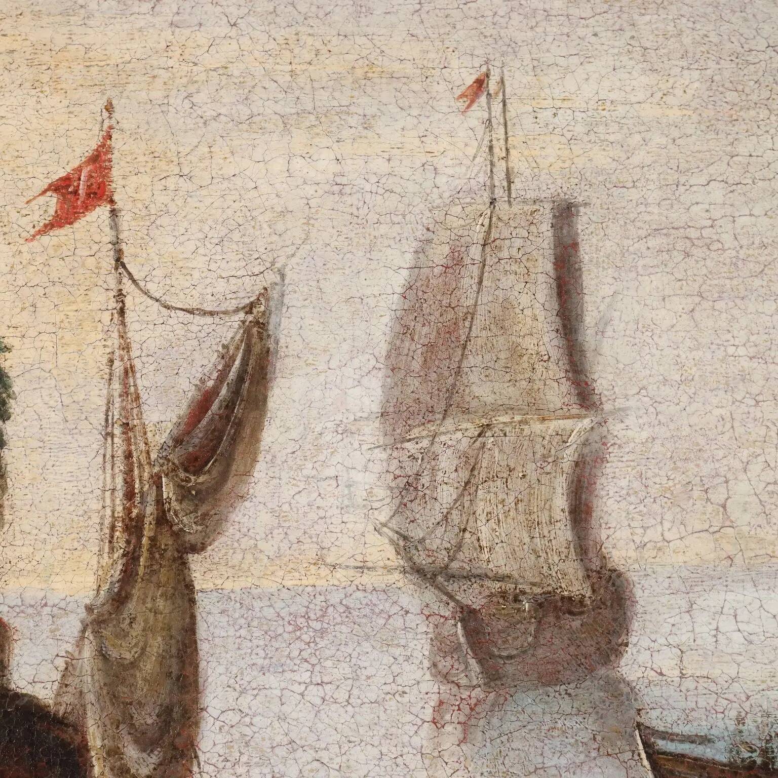 Ancient painting of a Mediterranean port scene, oil on canvas, 18th century.