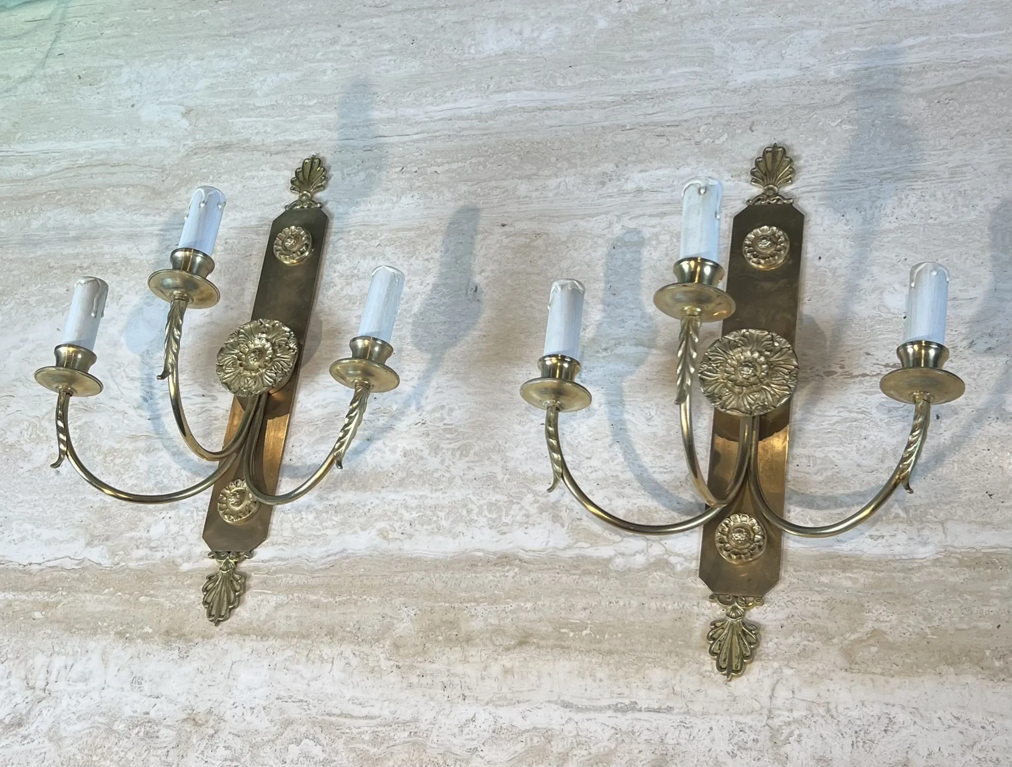 Pair of Neoclassical Wall Lights with Three Arms in Brass with Decoration