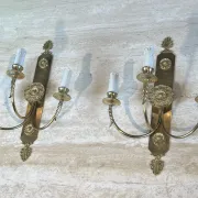 Pair of Neoclassical Wall Lights with Three Arms in Brass with Decoration