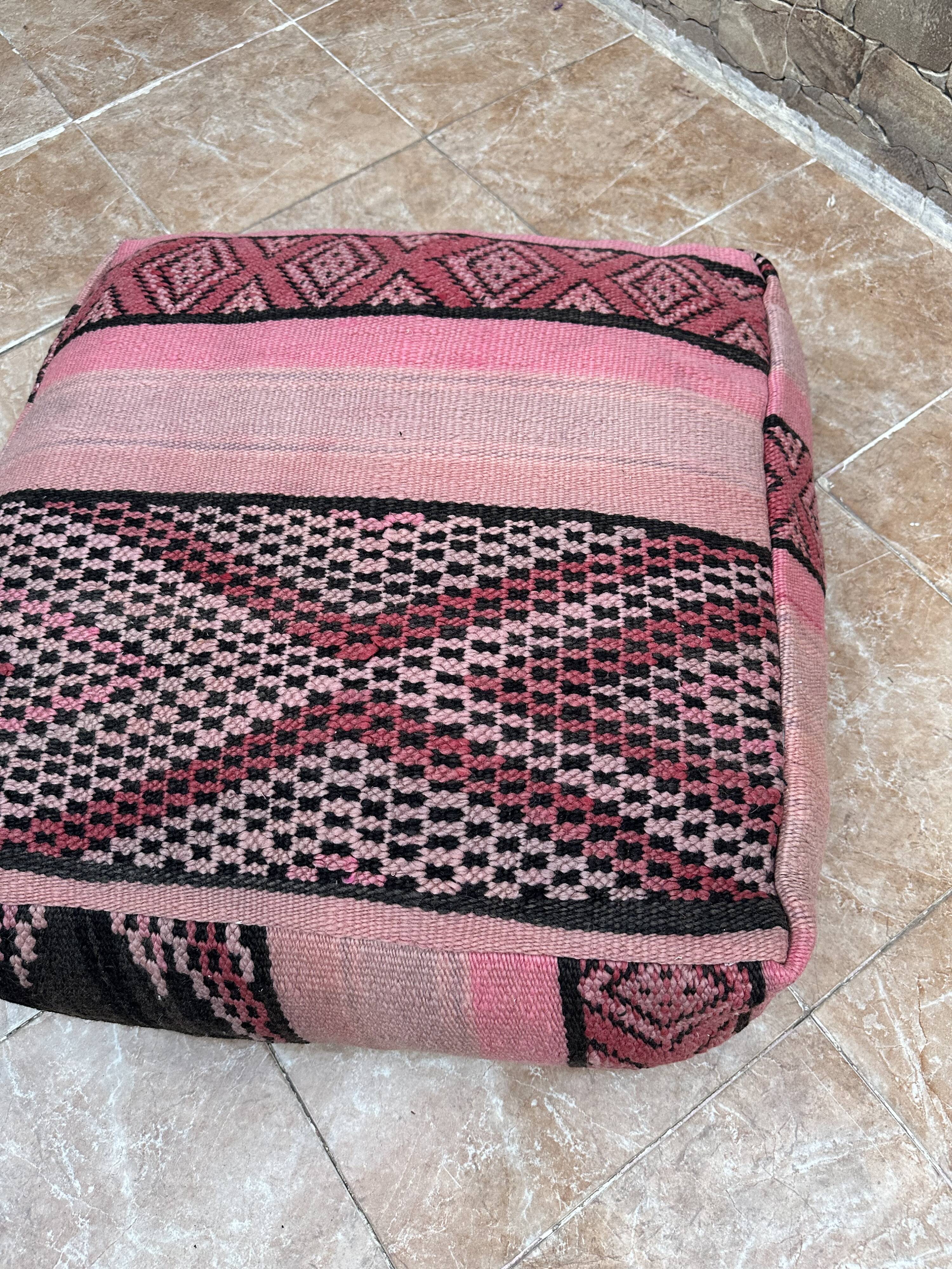 Vintage Berber Kilim Pouf: Handmade Moroccan Floor Cushion