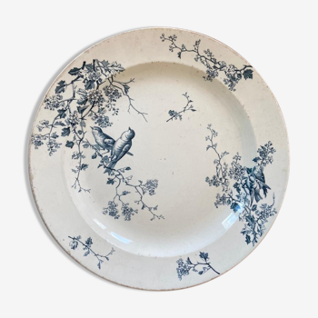 Bird dish and blue flowers Fauvette signed Luneville