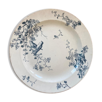 Bird dish and blue flowers Fauvette signed Luneville