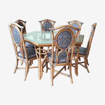 Table in rattan and hexagonal glass and 6 chairs