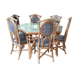 Table in rattan and hexagonal glass and 6 chairs