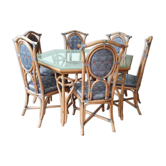 Table in rattan and hexagonal glass and 6 chairs