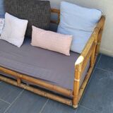 Large vintage rattan sofa bed