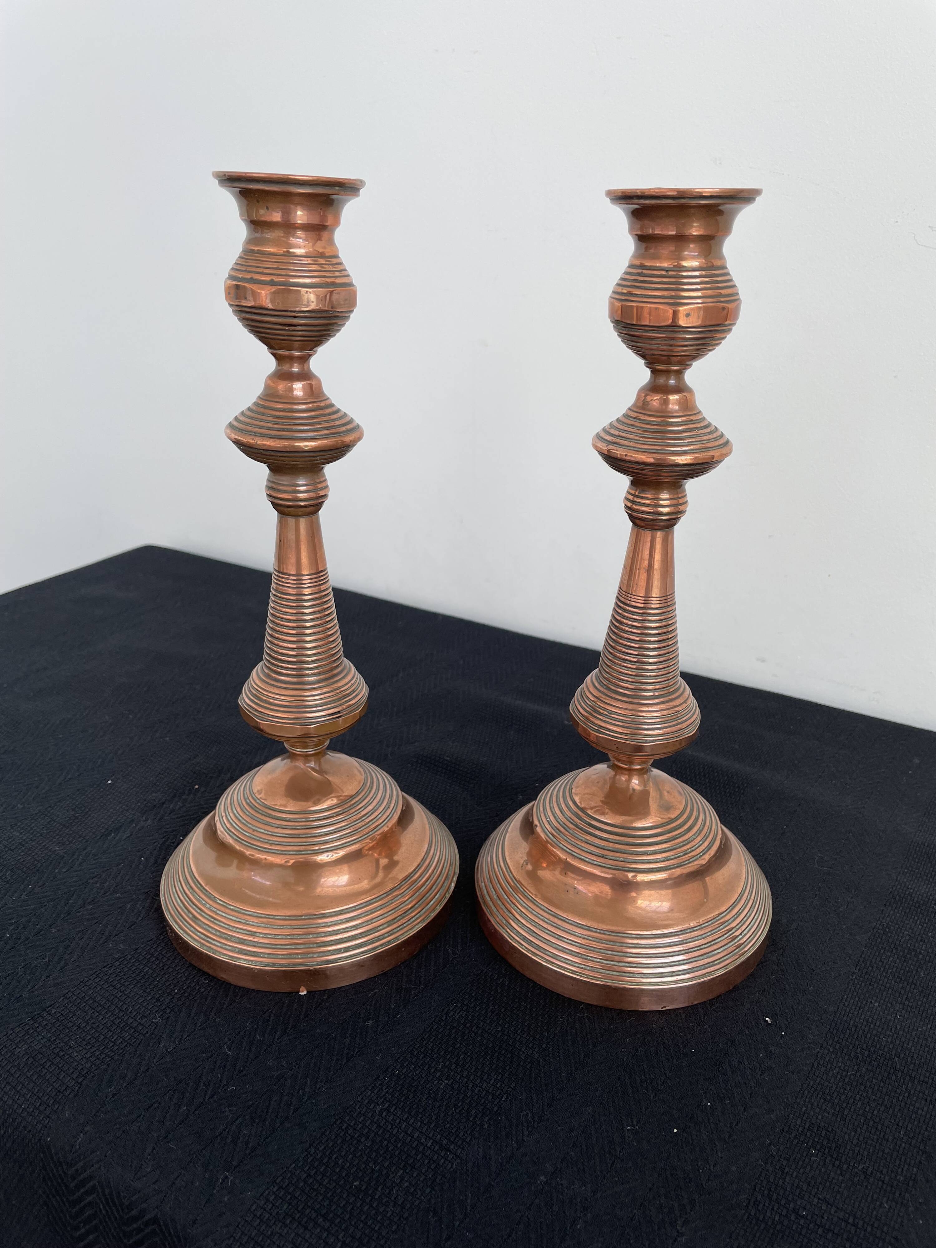 Antique, pair of candle holders, copper, brass, candle, goldsmith hallmark, old, large, massive, France