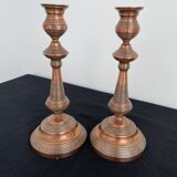 Antique, pair of candle holders, copper, brass, candle, goldsmith hallmark, old, large, massive, France