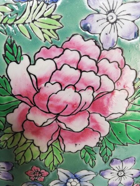 Plate china porcelainE enamelled family pink Lotus + Brand