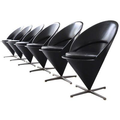 Set of 6 vintage black leather cone chairs by Verner Panton for Gebrüder Nehl