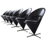 Set of 6 vintage black leather cone chairs by Verner Panton for Gebrüder Nehl