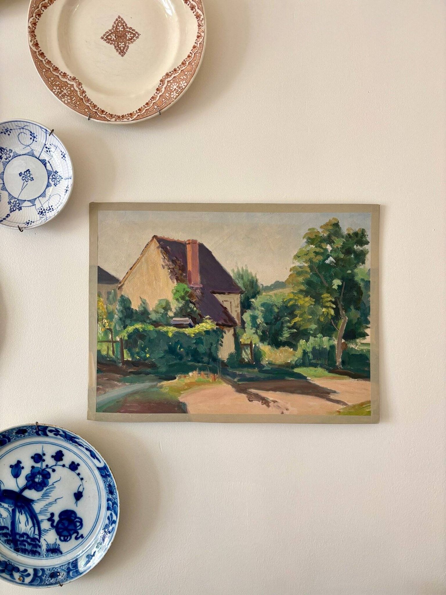 Peinture à l'huile sur toile "Maison et verdure" n°55