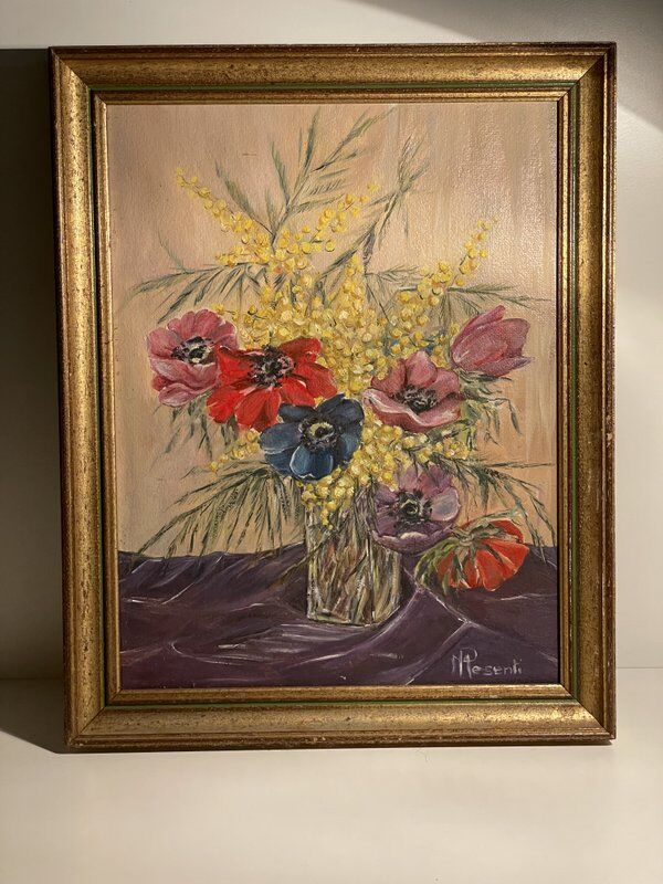 Old painting still life bouquet of flowers
