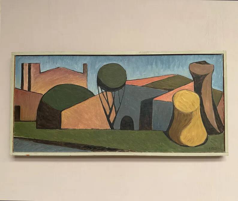 Large Original Swedish Oil on Canvas – "Spansk By" by Emil Clahr (1905–1983) – Signed – 1961 – Vintage & Framed