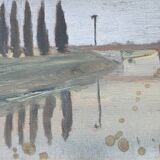 River landscape painting with cypresses