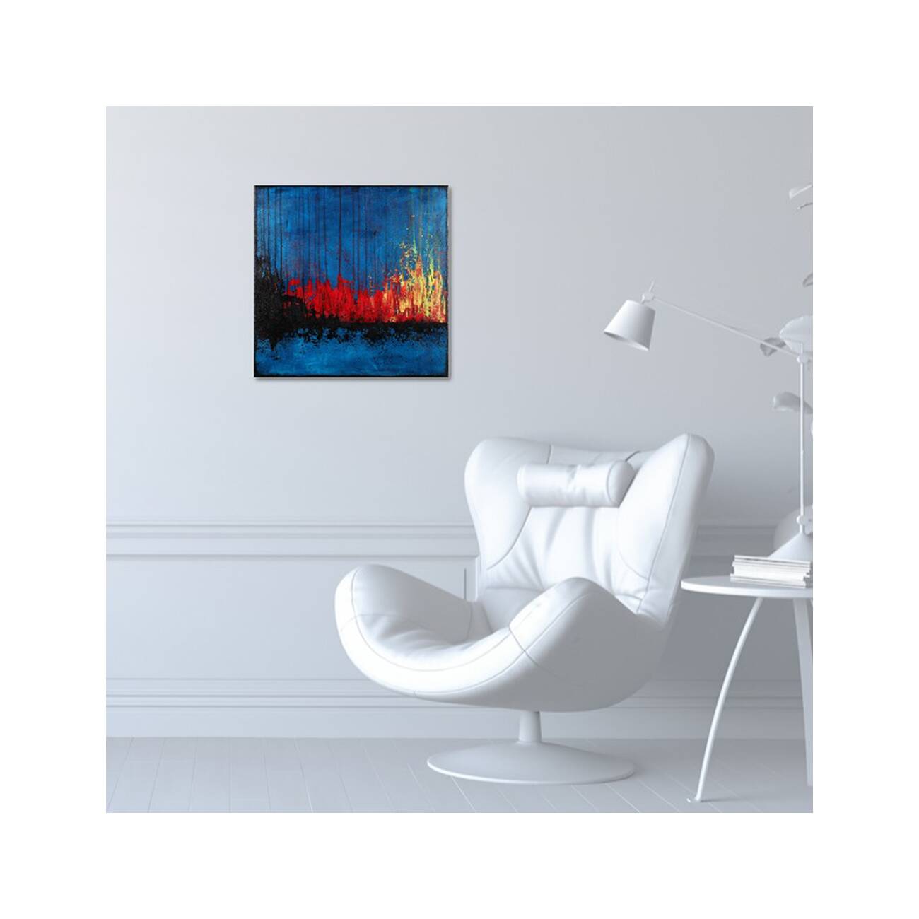 Contemporary abstract artwork in blue, red,black, yelow on stretched canvas