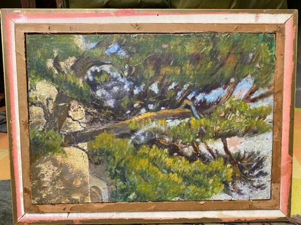 Bouquet/paysage, double peinture réversible signé A. Viret