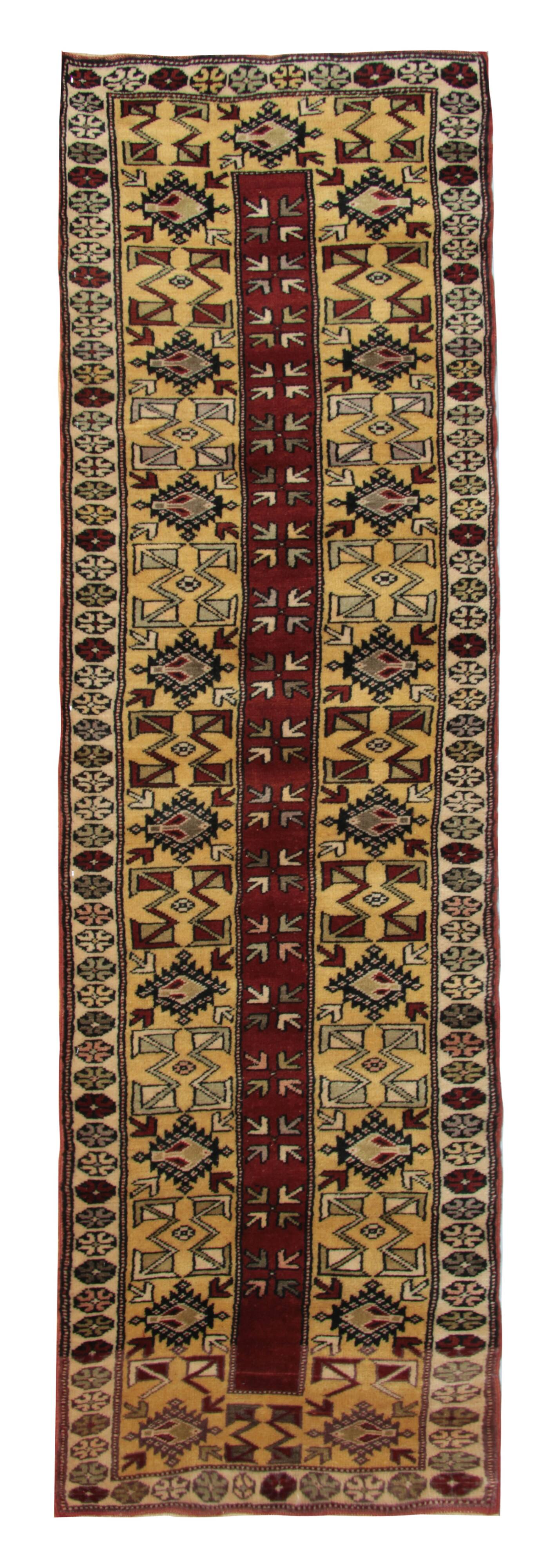 Rustic Mustard Burgundy Runner, Vintage Turkish Milas Wool Runner 81x286cm