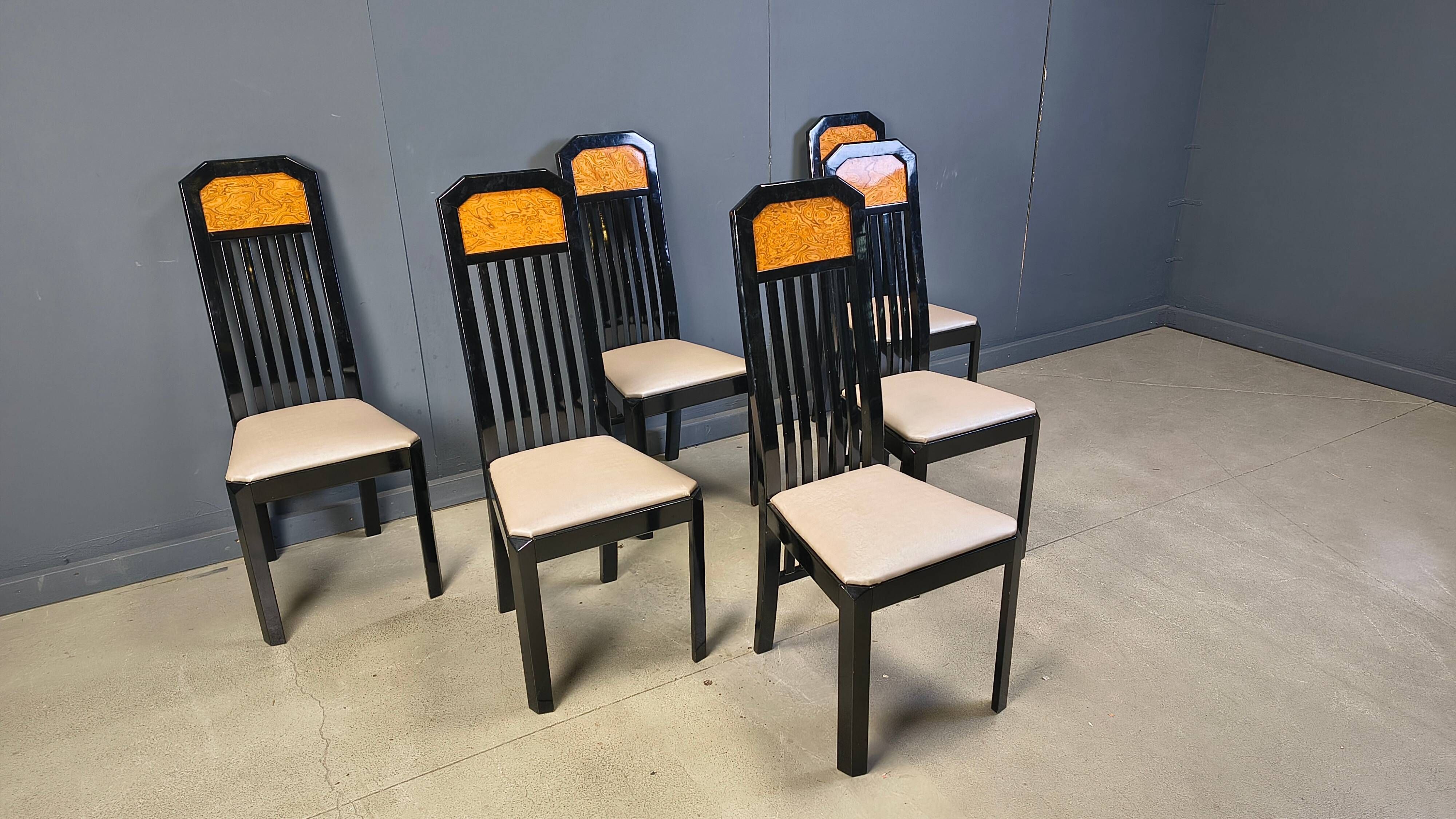 Vintage burl wood and lacquer dining chairs, 1980s