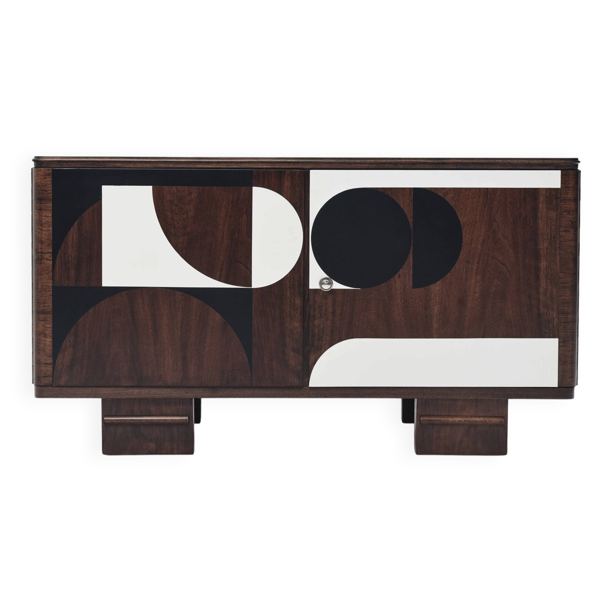 1950s Vintage Sideboard, Modernist, Walnut, Geometric Op Art Pattern