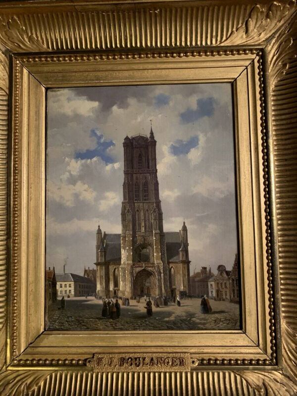 Huile sur panneau, vue de la cathédrale Saint-Bavon de Gand, F. Boulanger
