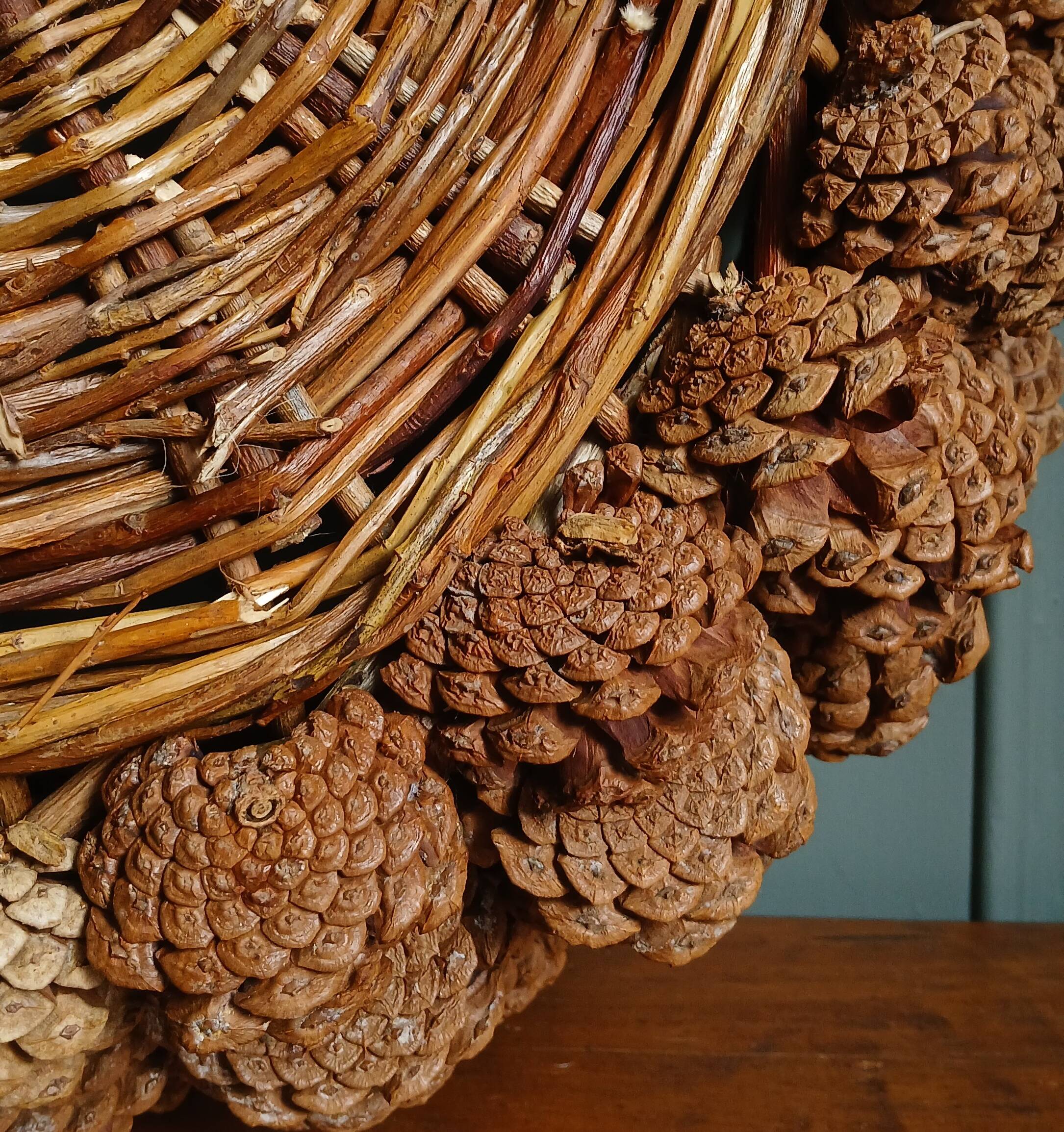 XL handmade wicker & pine cone Adirondack basket, circa 1930.
