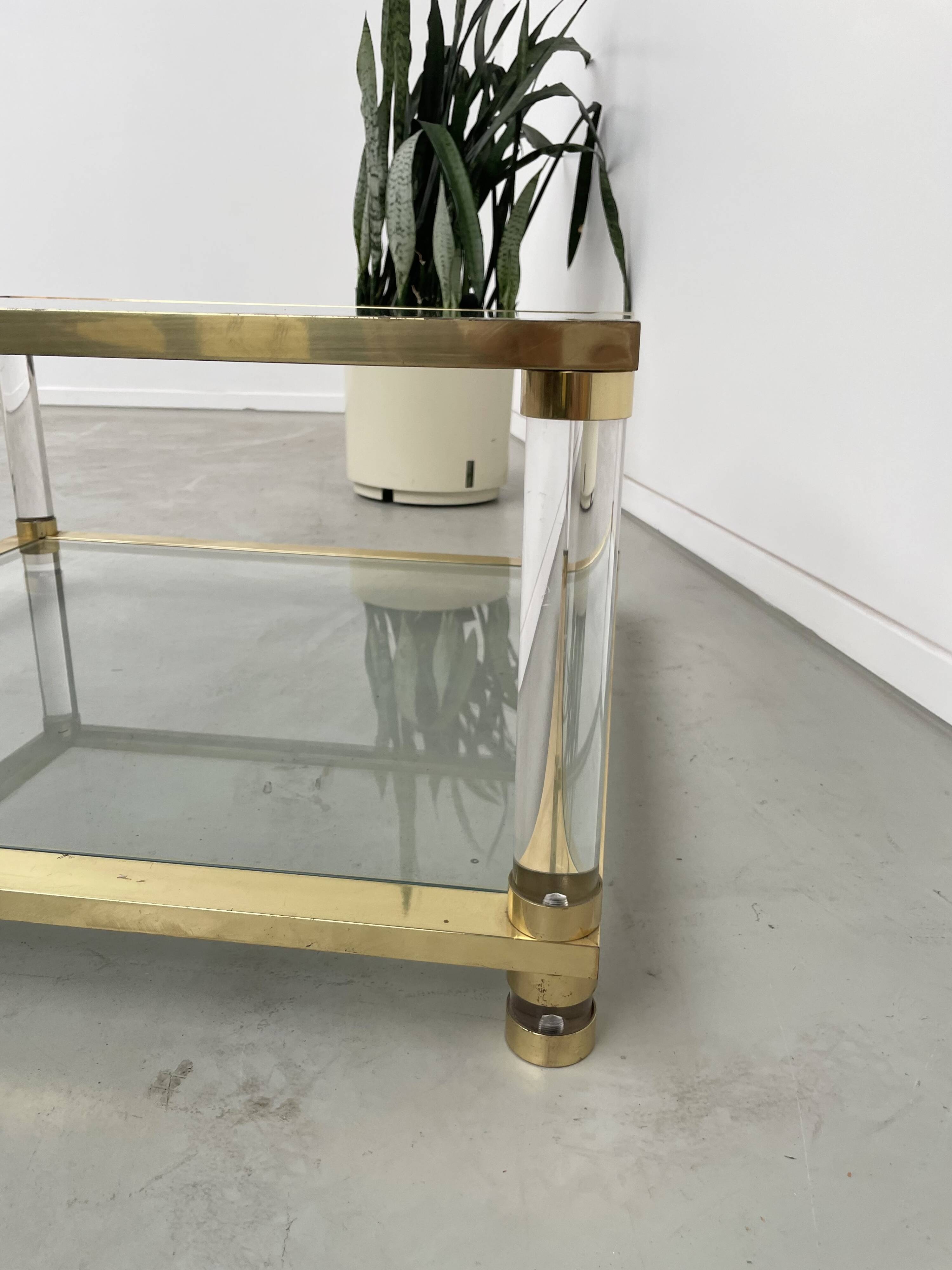1970s lucite, brass and glass coffee table