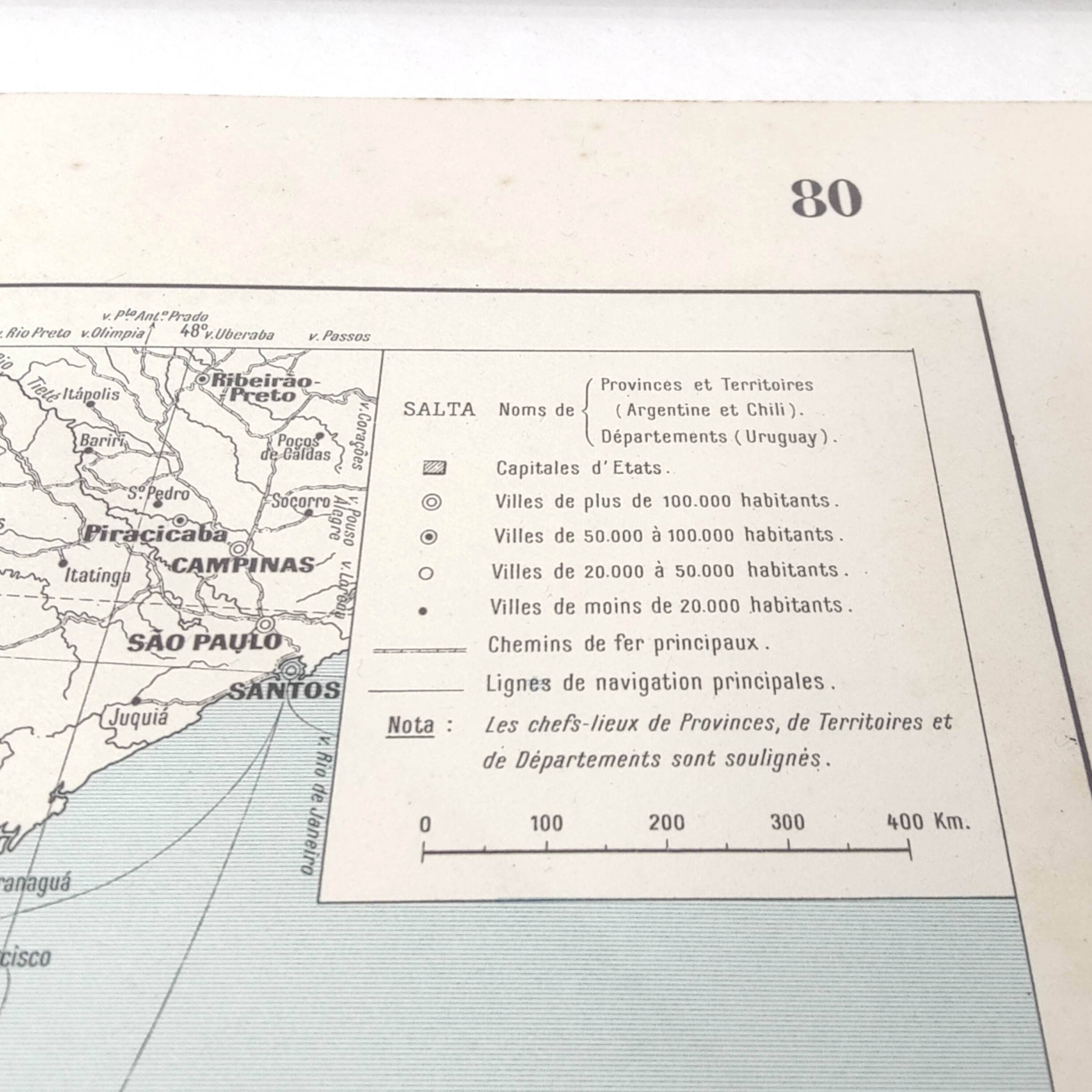 Old map of South America Argentina Chile Uruguay 43x43cm from 1950