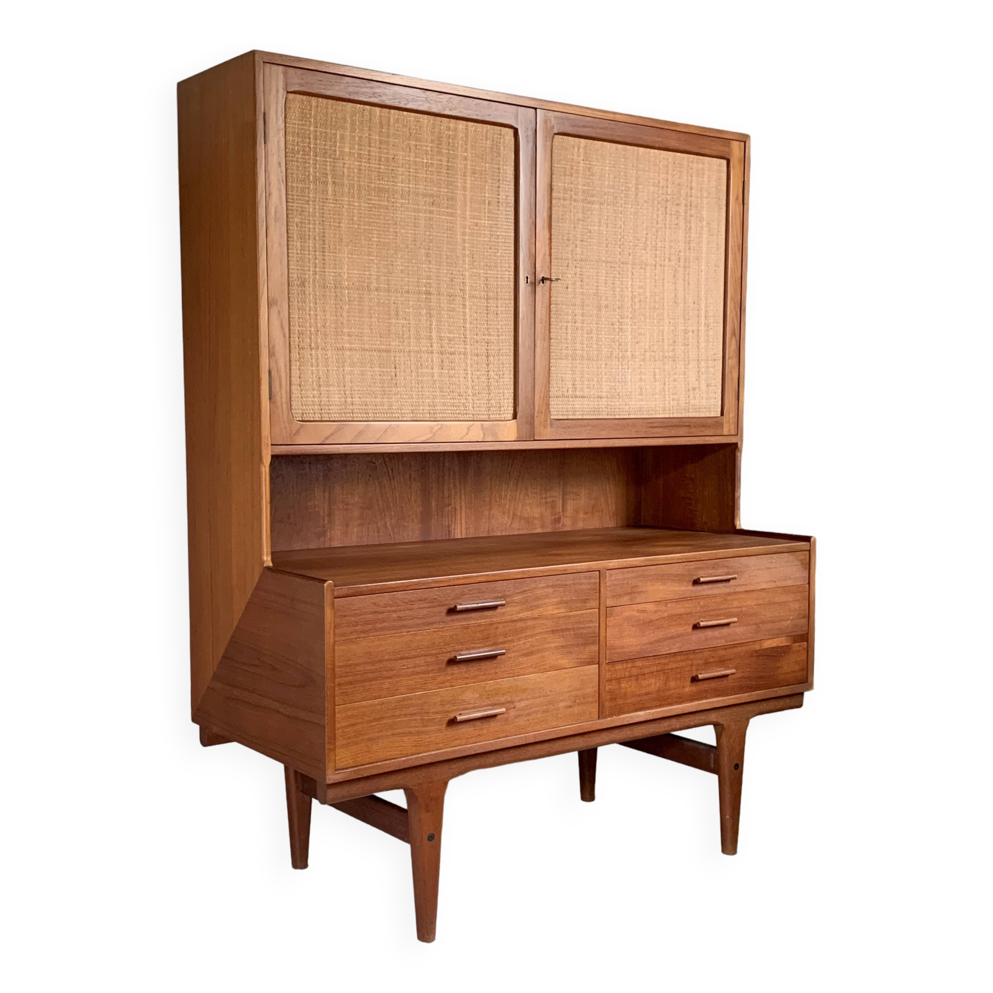 Scandinavian teak and rattan sideboard