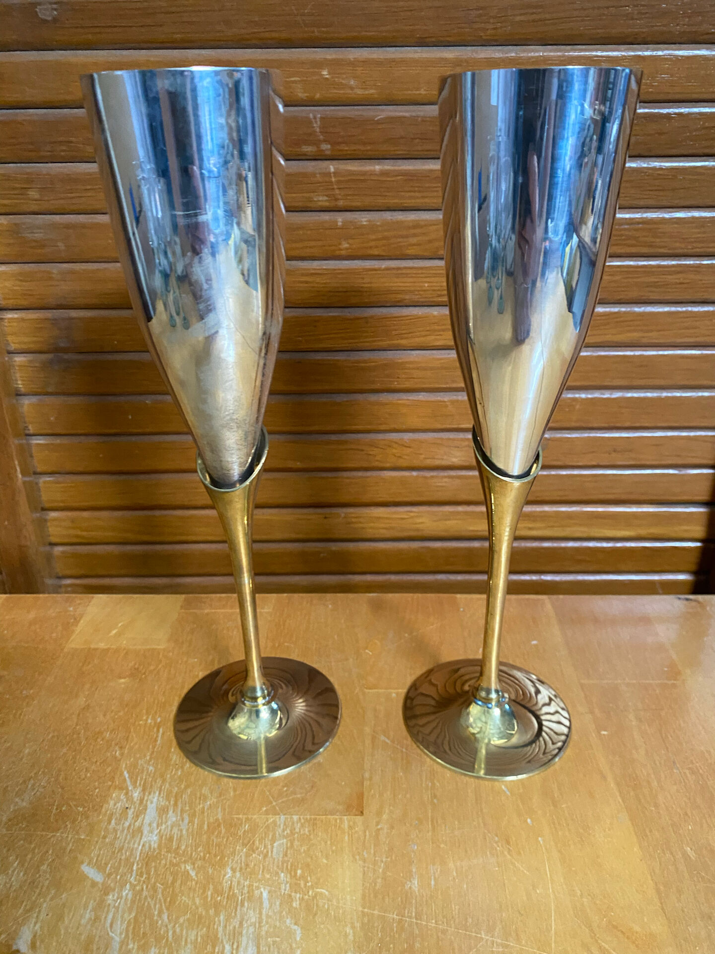 Paire Flûte Champagne Métal Chromé + Doré Vintage #E368