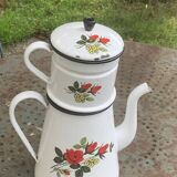 Coffee pot, in enamelled iron with patterns of red roses and white flowers, with filter, old