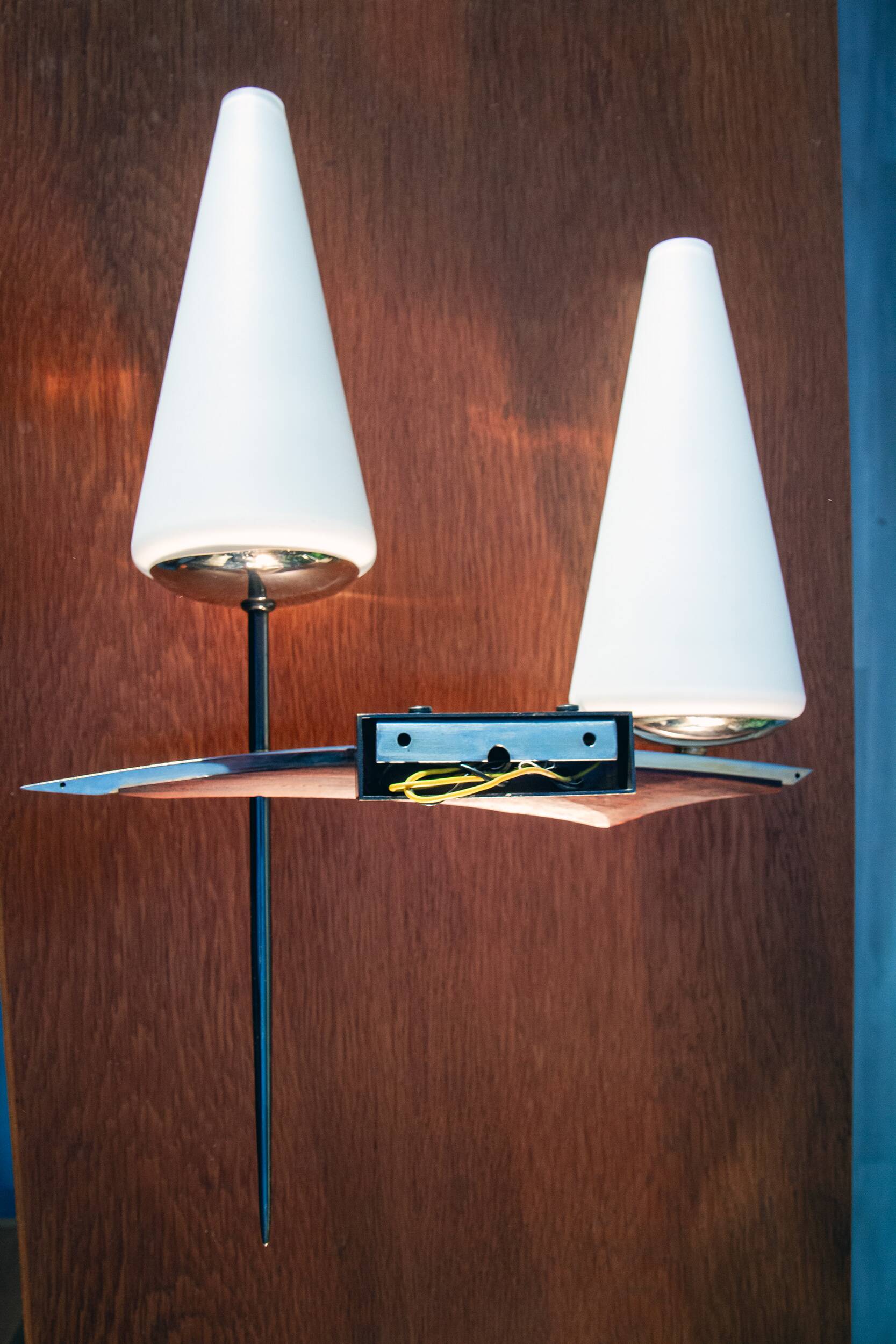 50s wall light, opaline, teak and brass