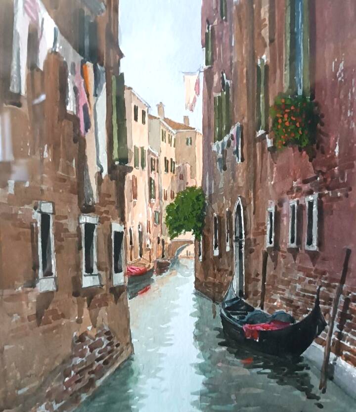 Watercolor depicting a glimpse of a canal in Venice or Chioggia signed