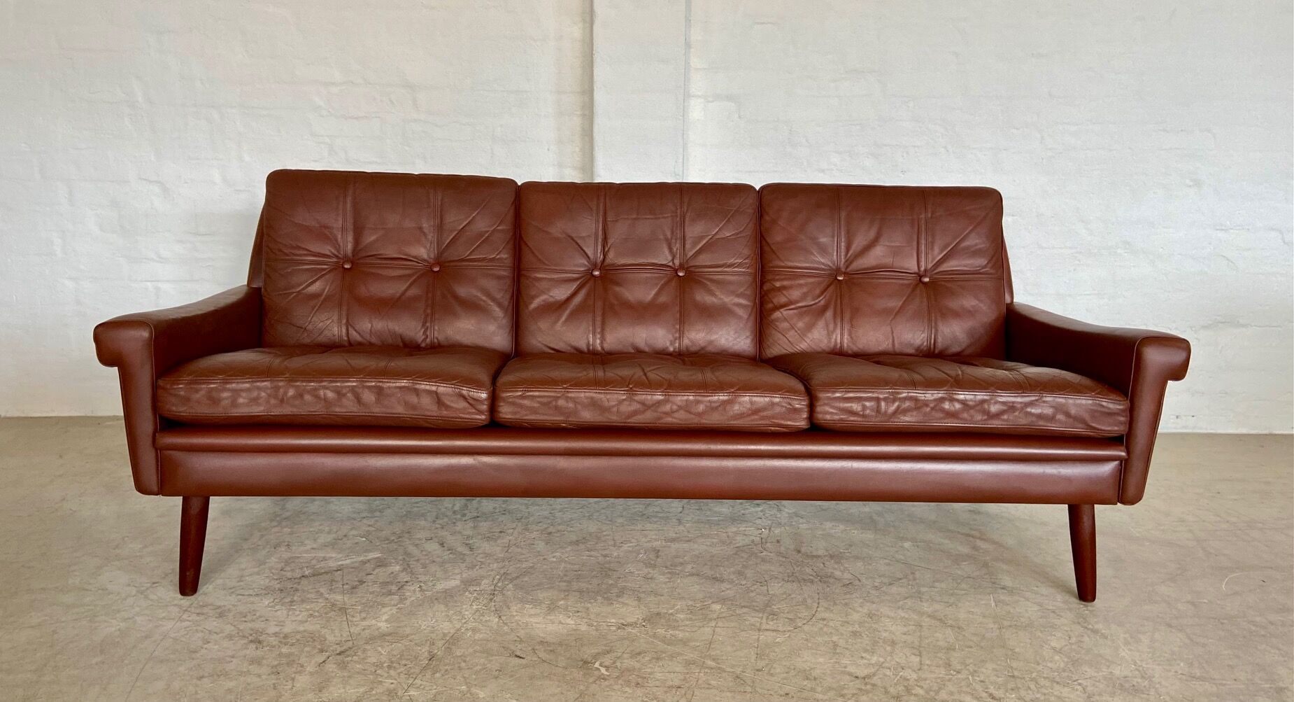 Danish mid-century Svend Skipper cognac 3 person sofa & lounge chair 1960s