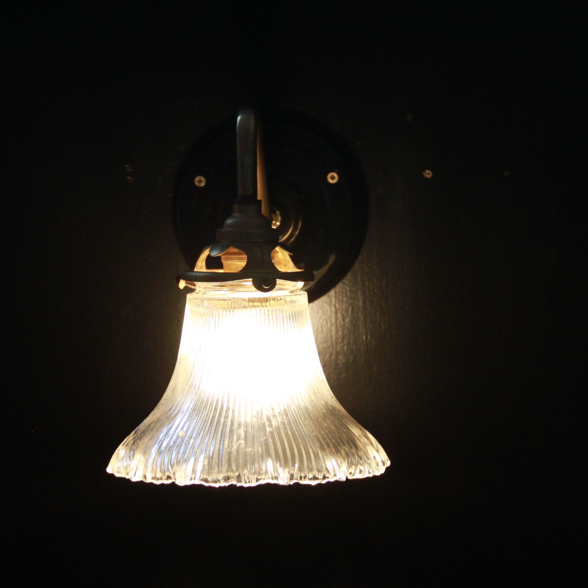 Holophane type prismatic glass wall lamp and brass gooseneck