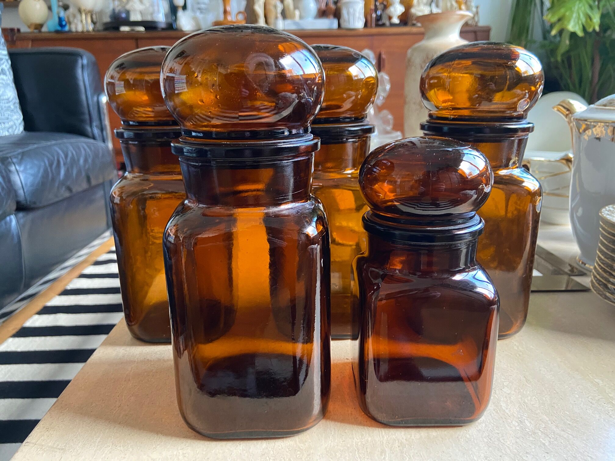 Set of 5 brown glass jars