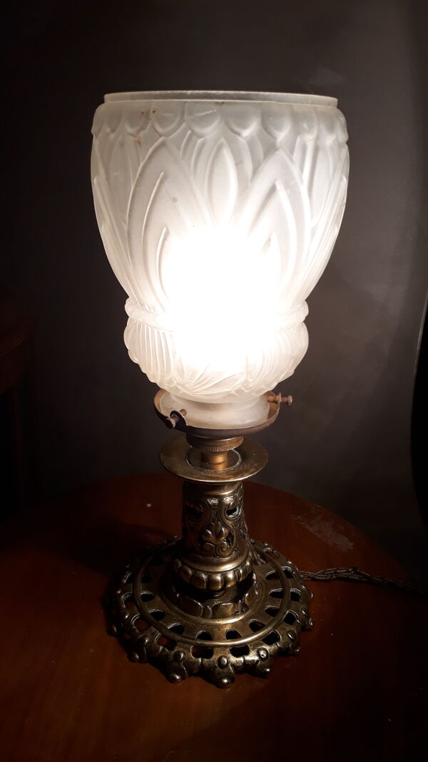 Lampe calice pied bronze et laiton tulipe 1900
