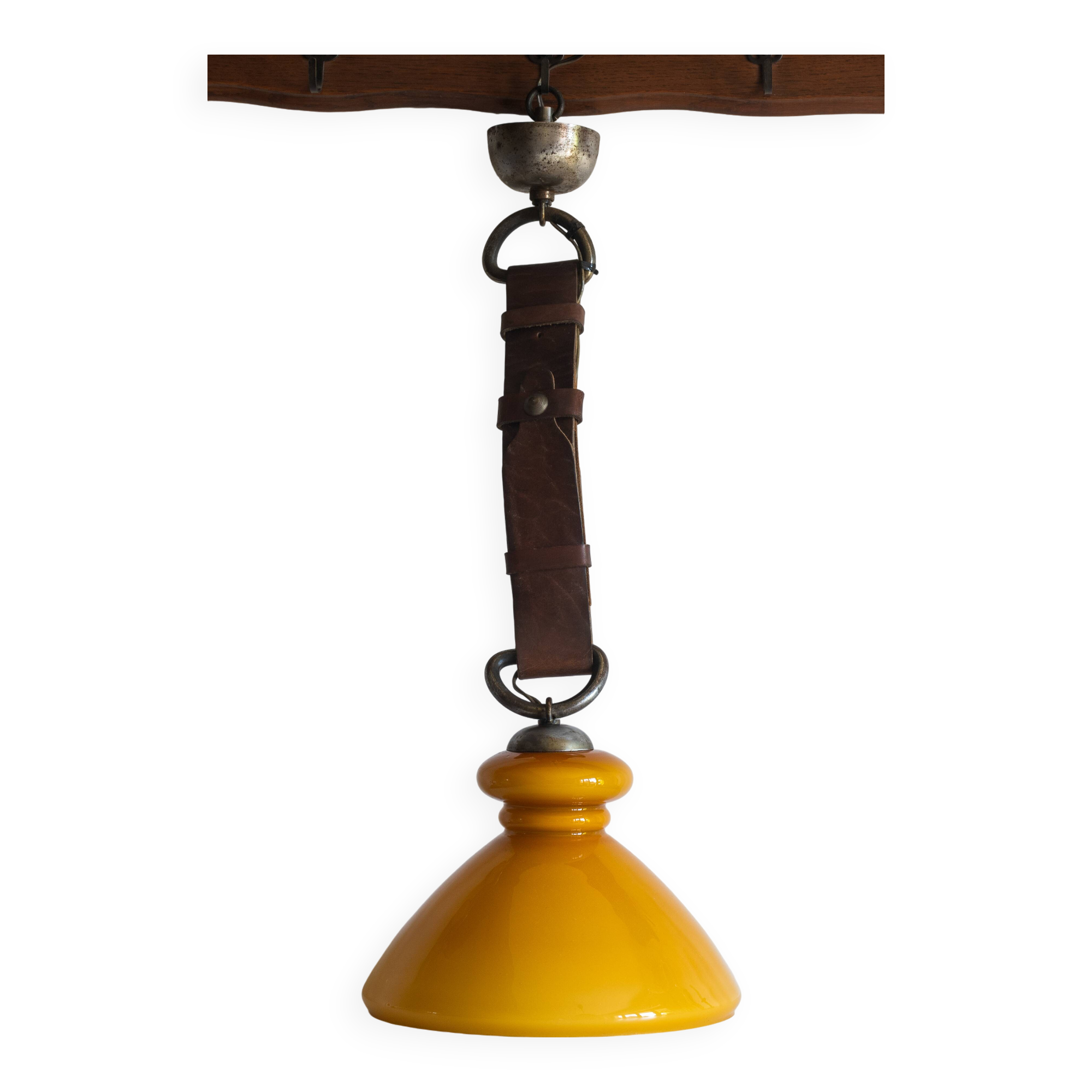 1970s honey yellow opaline pendant light with leather hook
